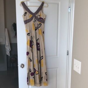 Anthropologie Cream and Purple Floral Maxi Dress